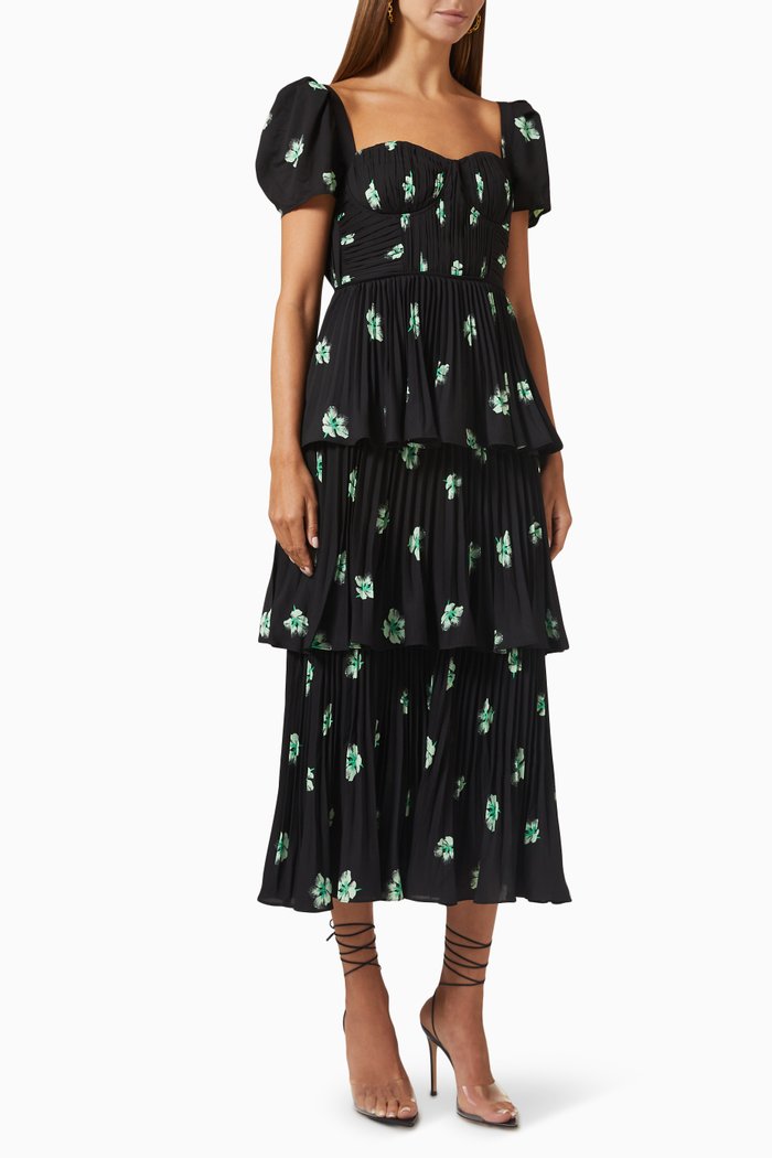 Pansy Print Midi Dress in Chiffon, Black