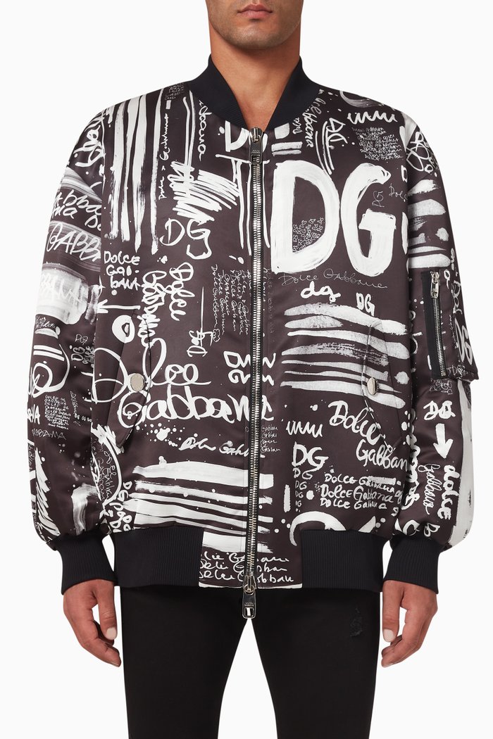 

Graffiti Logo Print Bomber Jacket in Satin, Black