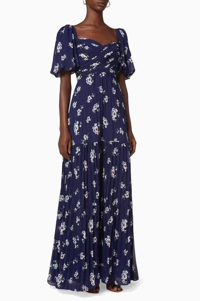 

Pansy Print Pleated Maxi Dress in Chiffon, Blue