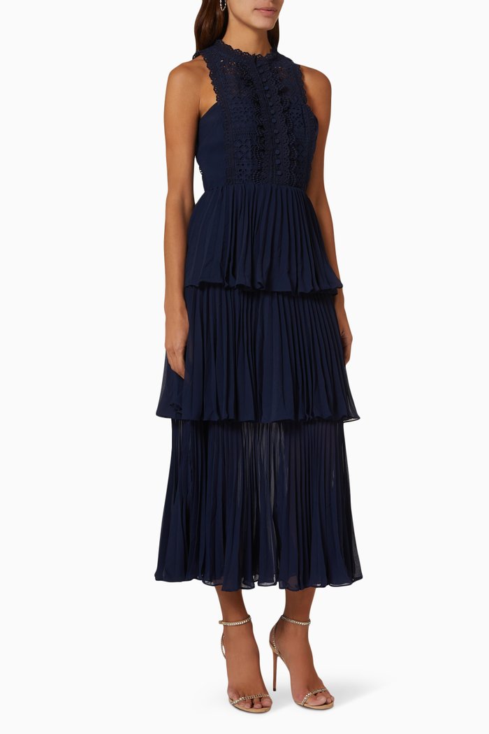 

Broderie Tiered Midi Dress in Cotton, Blue