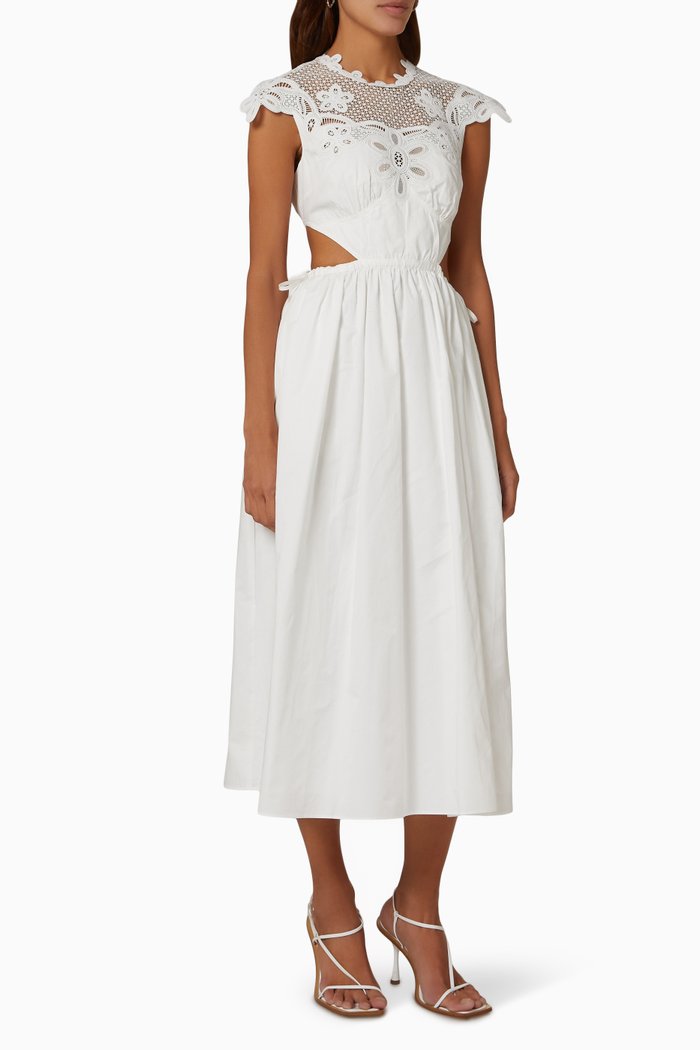 

Chemical Lace Bib Midi Dress in Cotton Guipure, White