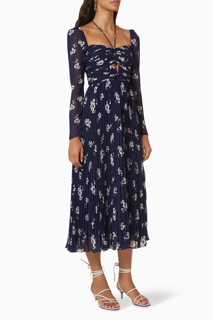 

Pansy Print Cut Out Midi Dress in Chiffon, Blue