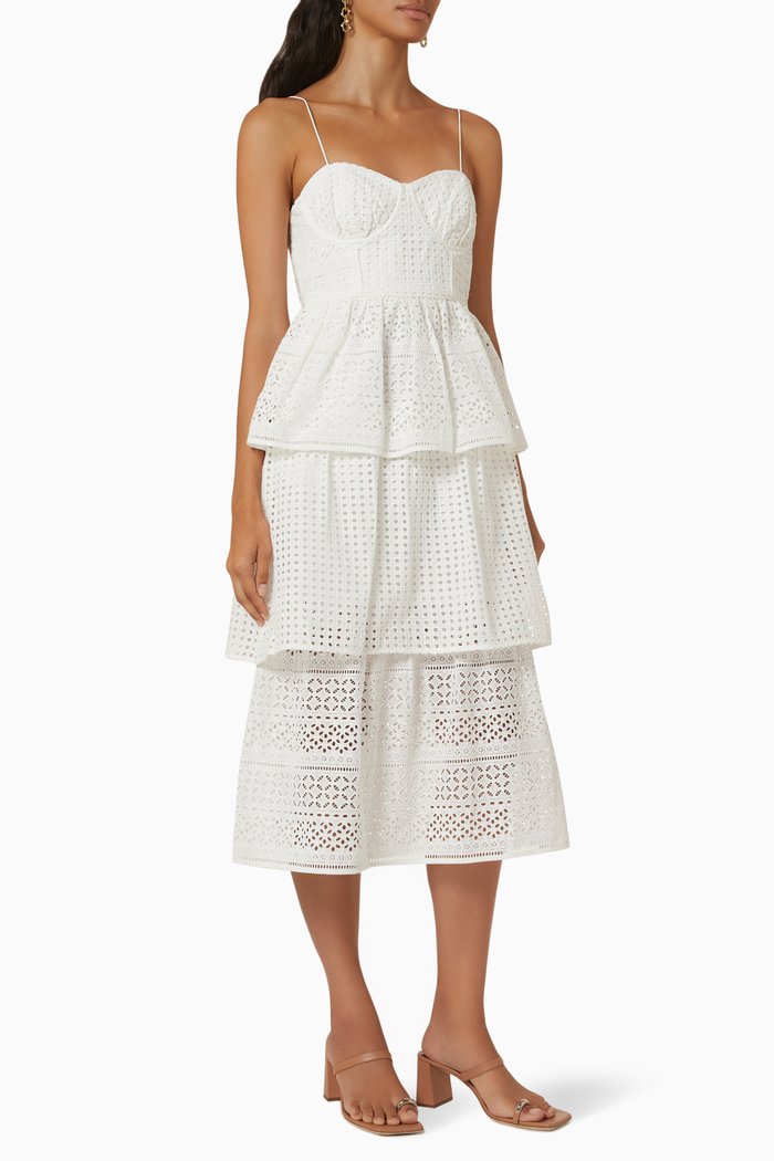 

Tiered Midi Dress in Broderie Anglaise Cotton, White