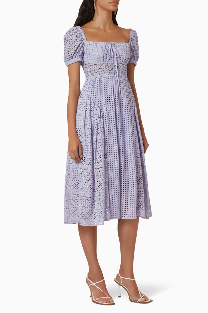

Puff Sleeve Dress in Broderie Anglaise Cotton, Purple