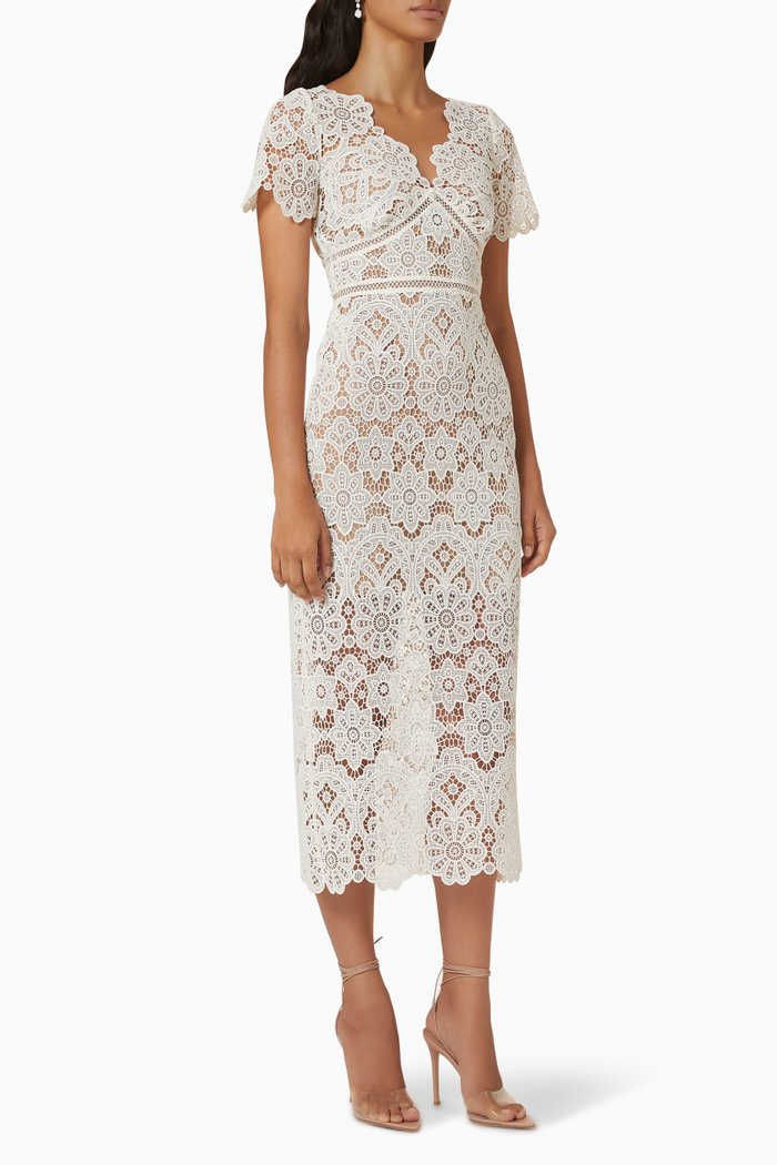 

Short Sleeve Midi Dress in Guipure Lace, Neutral