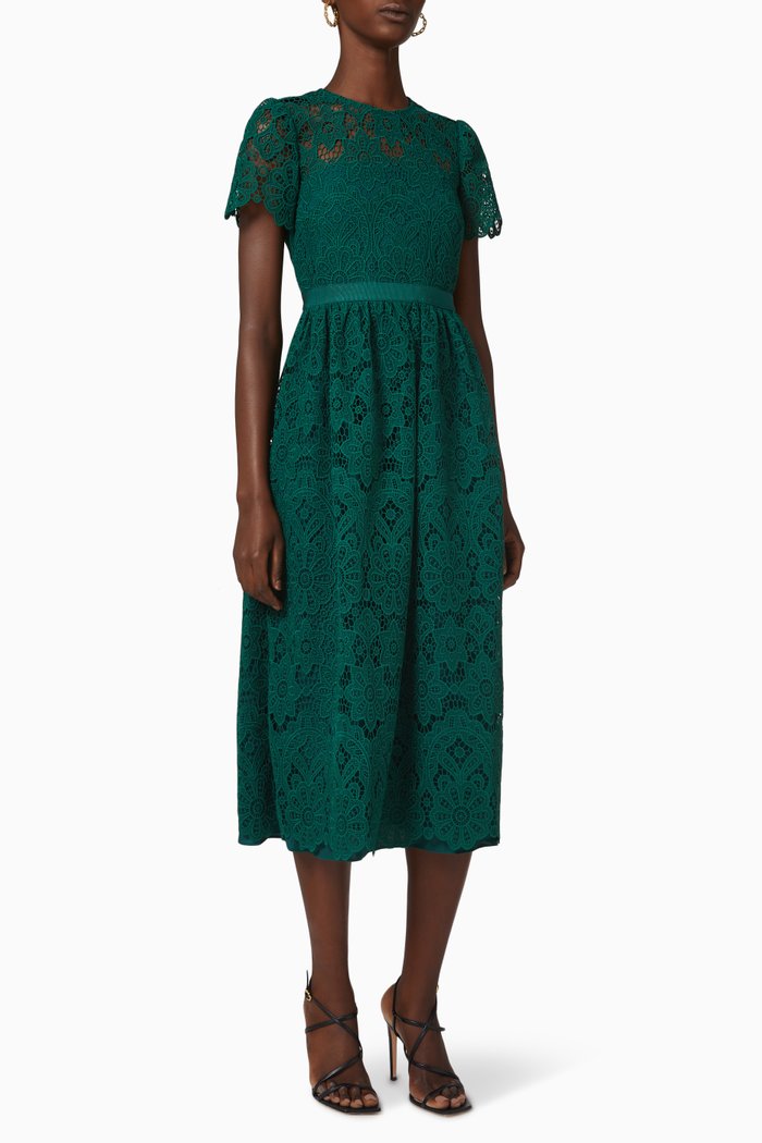 

Short Sleeve Midi Dress in Guipure Lace, Green