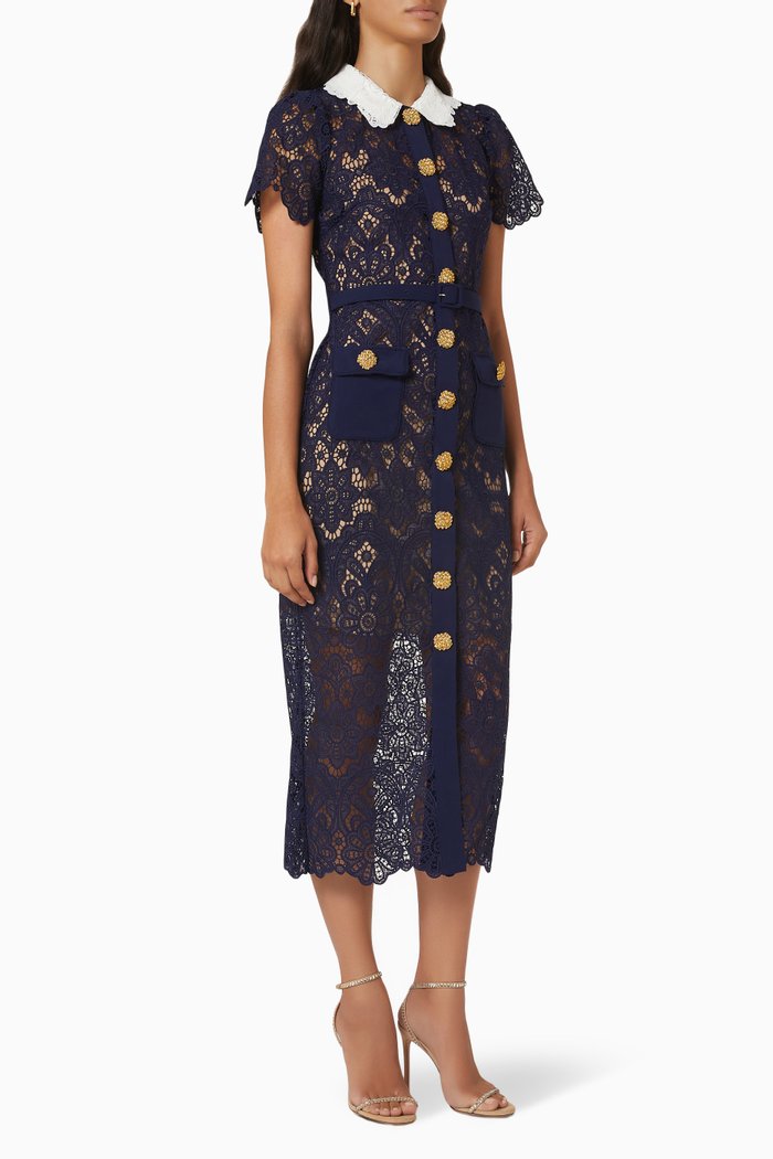 

Short Sleeve Midi Dress in Guipure Lace, Blue