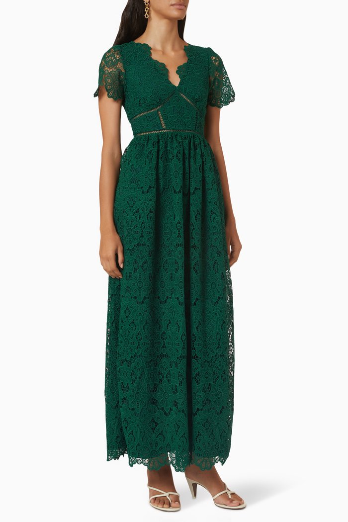 

Short Sleeve Maxi Dress in Guipure Lace, Green
