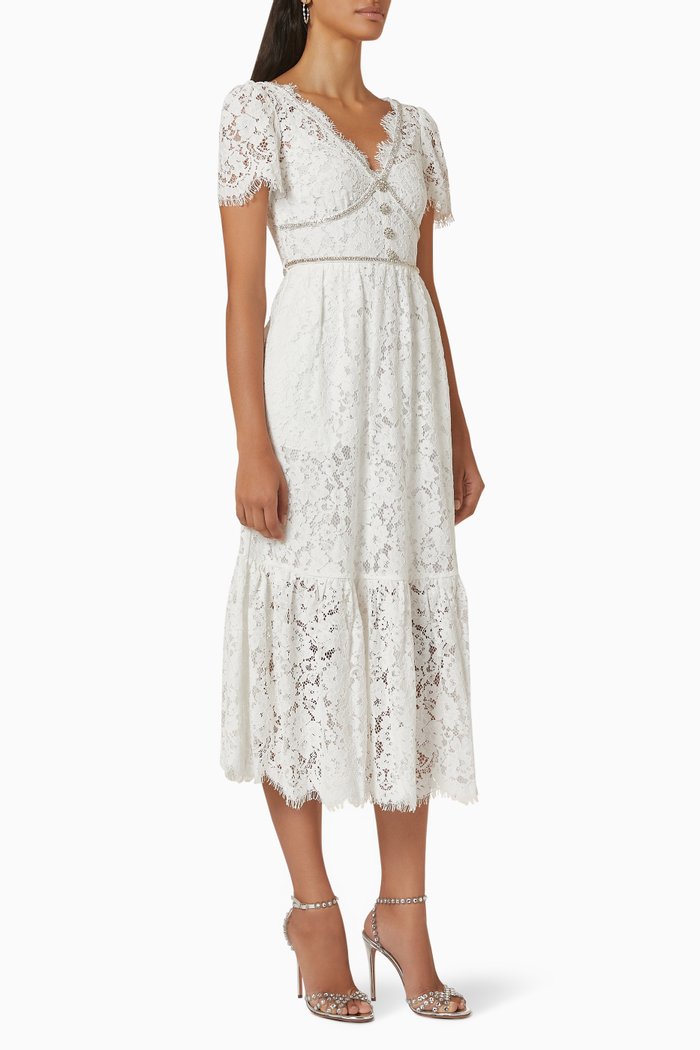 

Short Sleeve Midi Dress in Guipure Lace, White