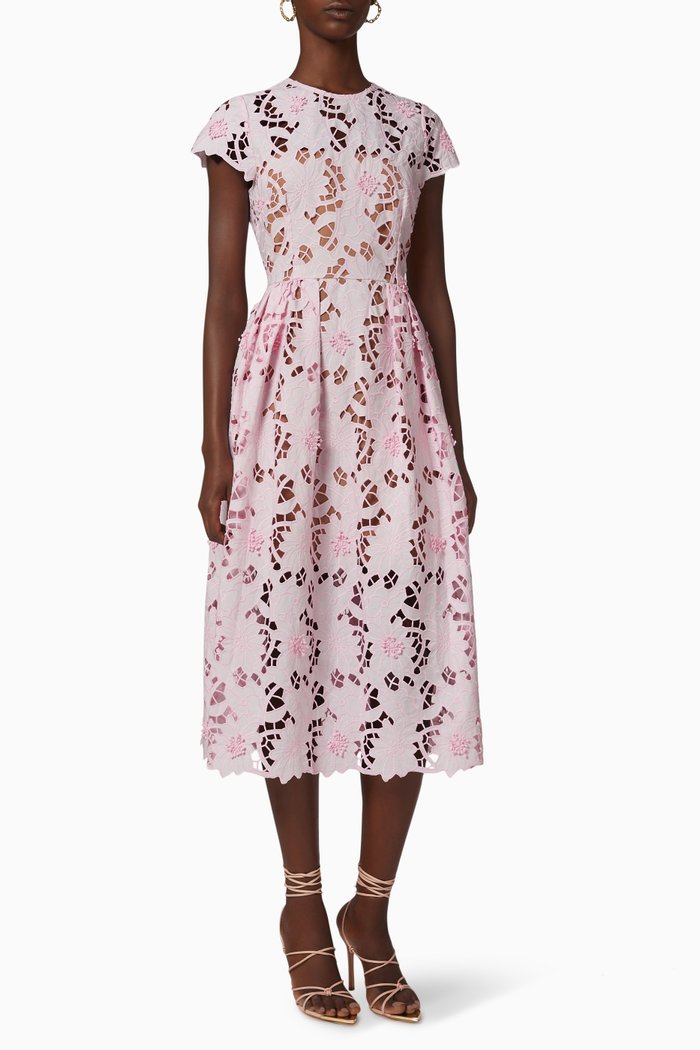 

Short Sleeve Midi Dress in Guipure Lace, Pink