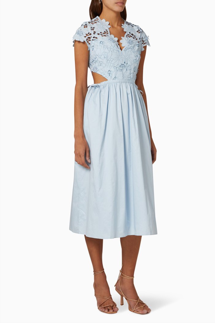 

Short Sleeve Midi Dress in Guipure Lace, Blue