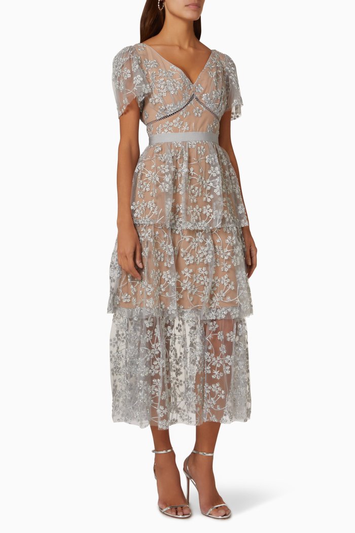 

Blossom Tiered Midi Dress, Silver