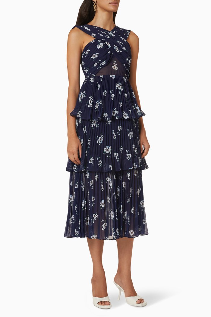 

Pansy Print Crossover Midi Dress in Chiffon, Blue