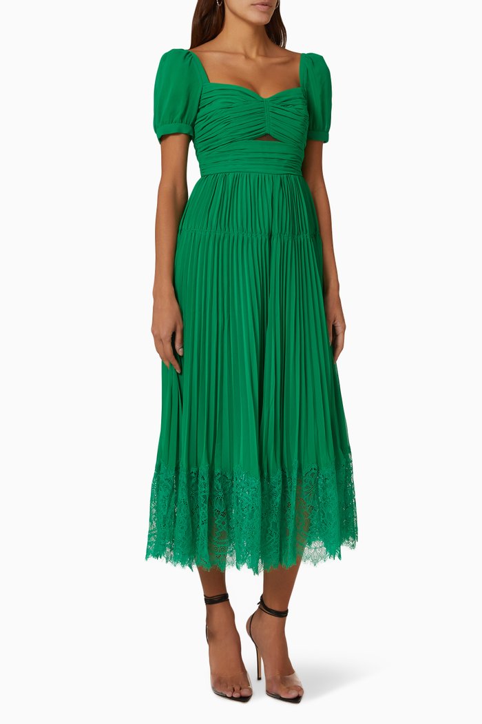 

Pleated Cut Out Midi Dress in Chiffon, Green