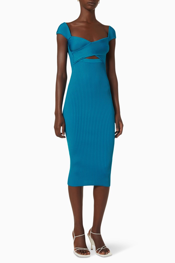 

Crossover Midi Dress in Ribbed Viscose Knit, Blue