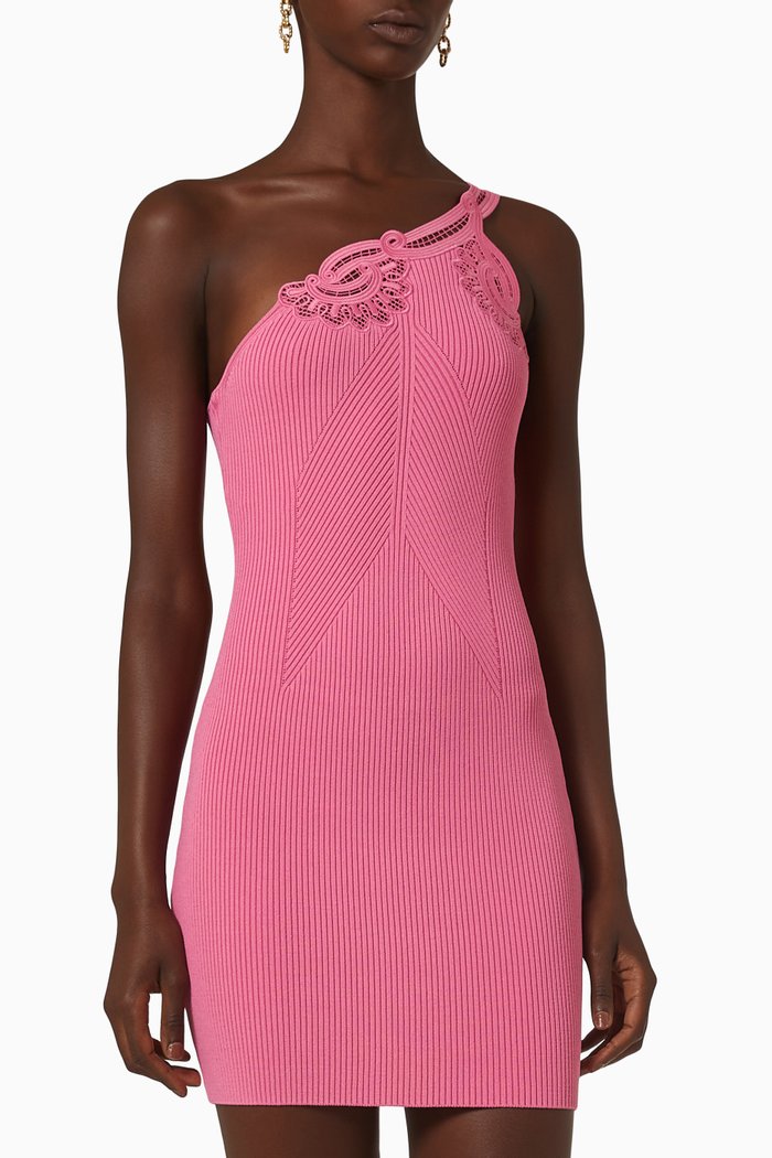 

One Shoulder Mini Dress in Ribbed Viscose Knit, Pink