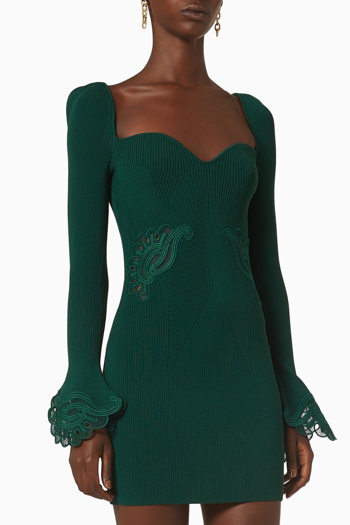 

Lace Trim Mini Dress in Ribbed Viscose Knit, Green