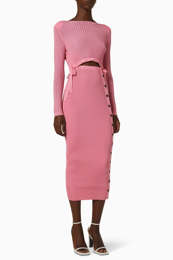 

Cut Out Midi Dress in Ribbed Viscose Knit, Pink
