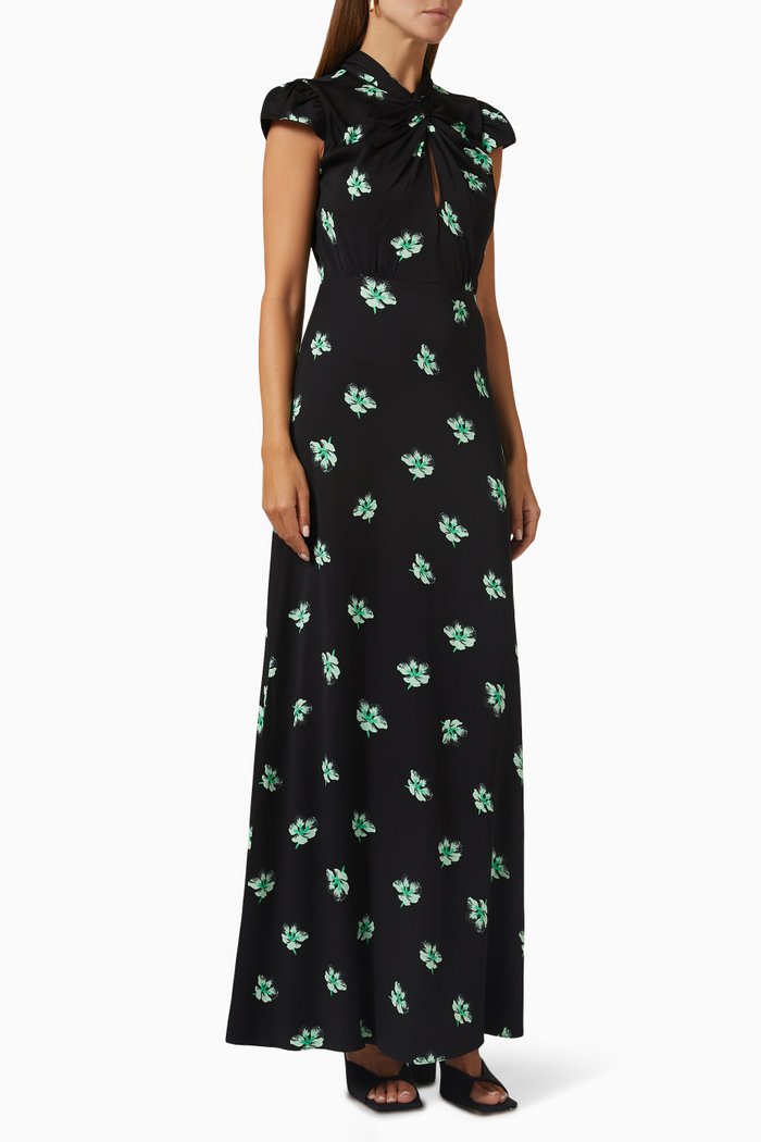 

Pansy Print Midi Dress in Stretch Crepe, Black