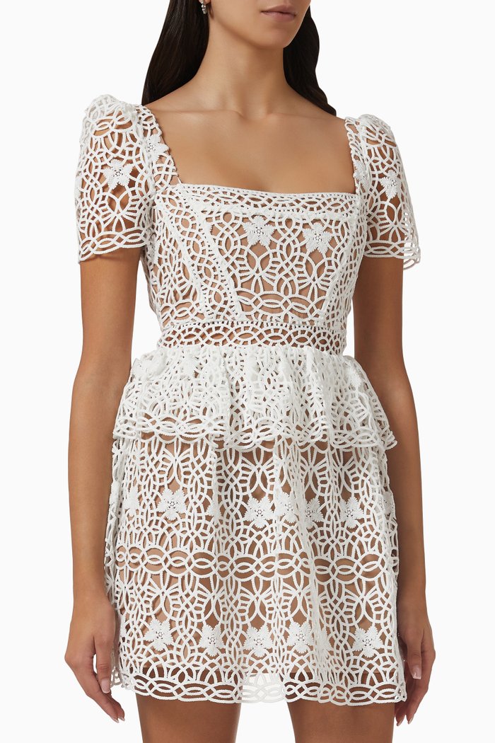 

Tiered Mini Dress in Guipure Lace, White