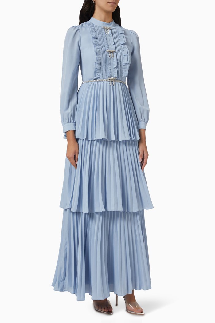 

Ruffled Bib Maxi Dress in Chiffon, Blue