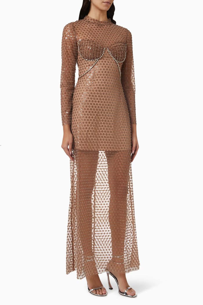 

Diamante Bustier Maxi Dress in Dot Sequin Mesh, Brown