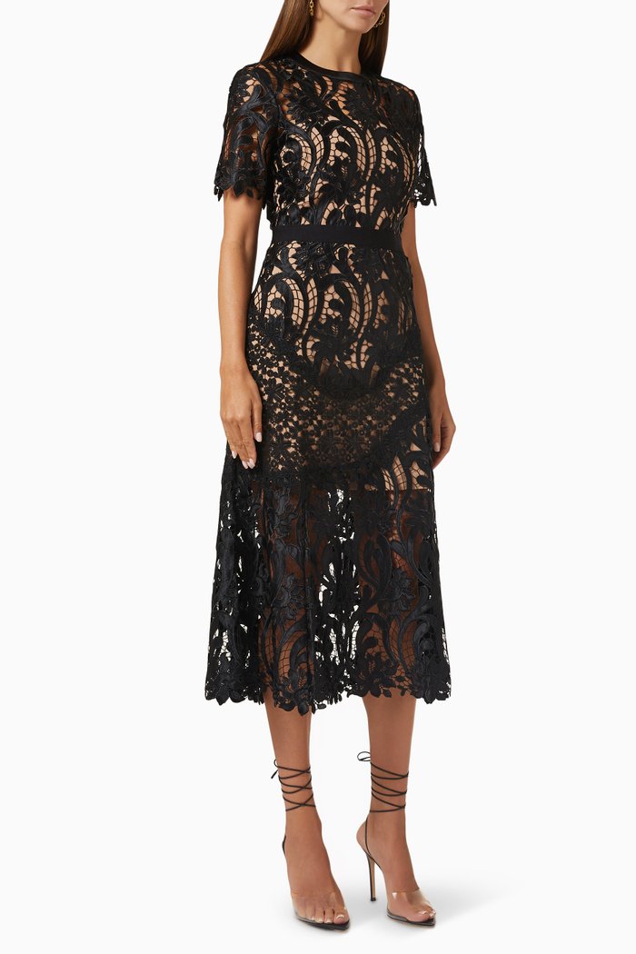Prairie Midi Dress in Lace, Black