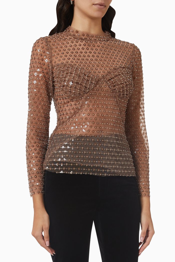 

Long Sleeve in Dot Sequin Mesh, Brown