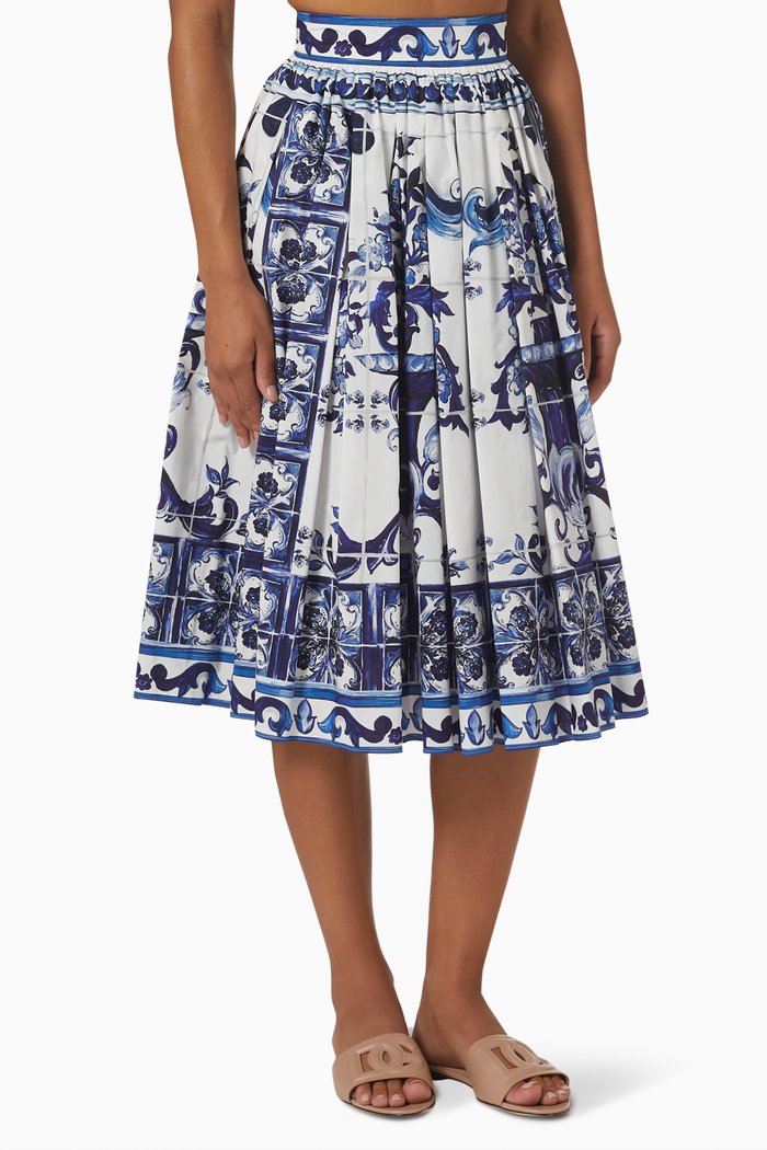 

Majolica Print Midi Skirt in Poplin, Blue