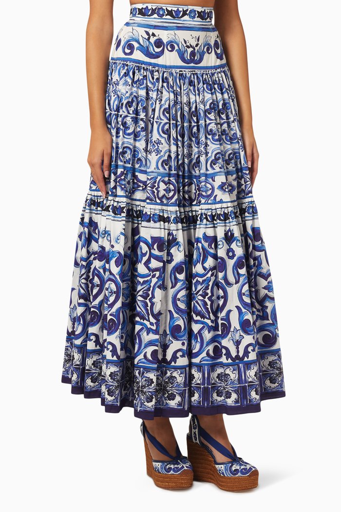 

Majolica Print Maxi Skirt in Cotton Poplin, Blue