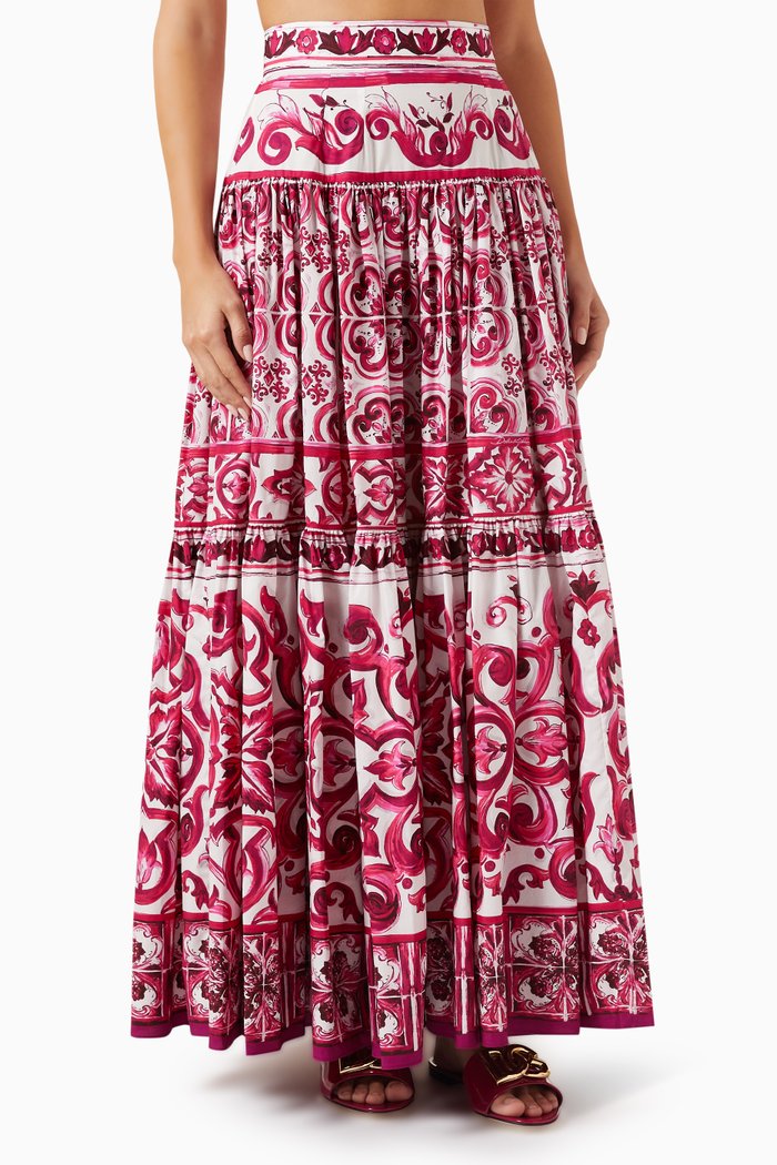 

Majolica Print Maxi Skirt in Cotton Poplin, Pink