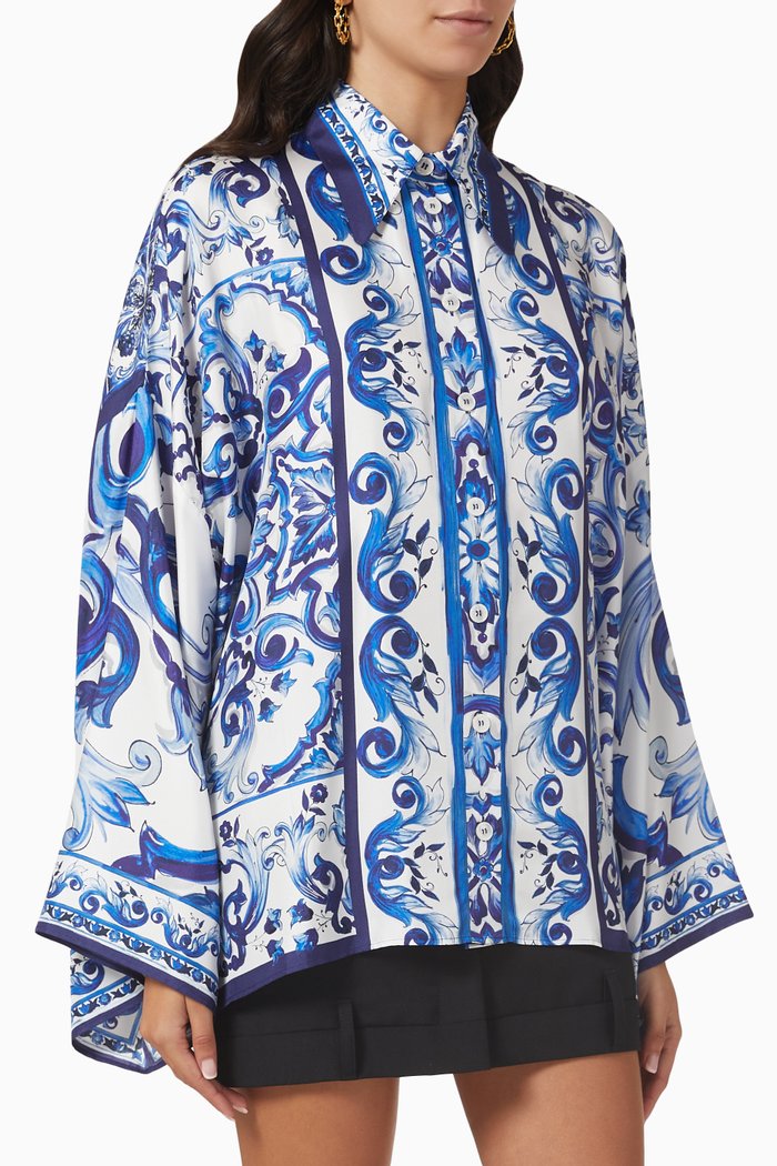 

Majolica-printed Shirt in Silk Twill, Blue