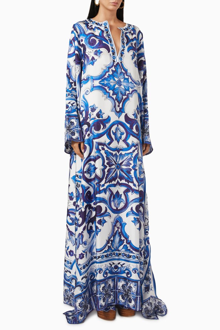

Majolica-printed Kaftan in Silk Twill, Blue