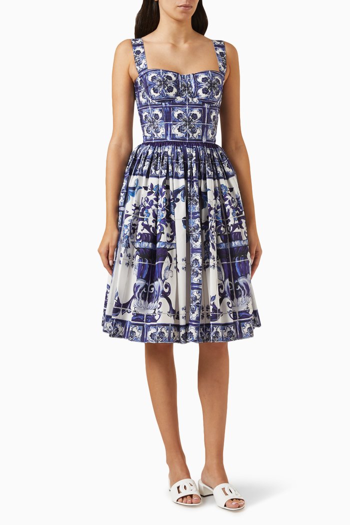 

Majolica-print Bustier Midi Dress in Cotton-poplin, Blue