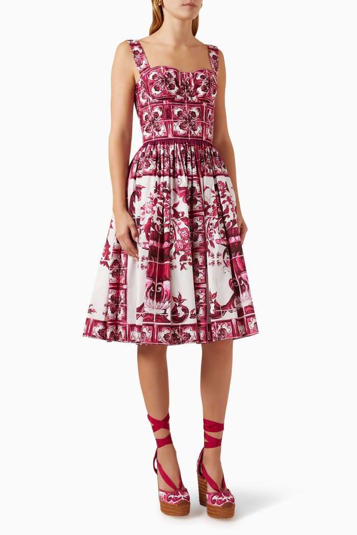 

Majolica-print Bustier Midi Dress in Cotton-poplin, Pink