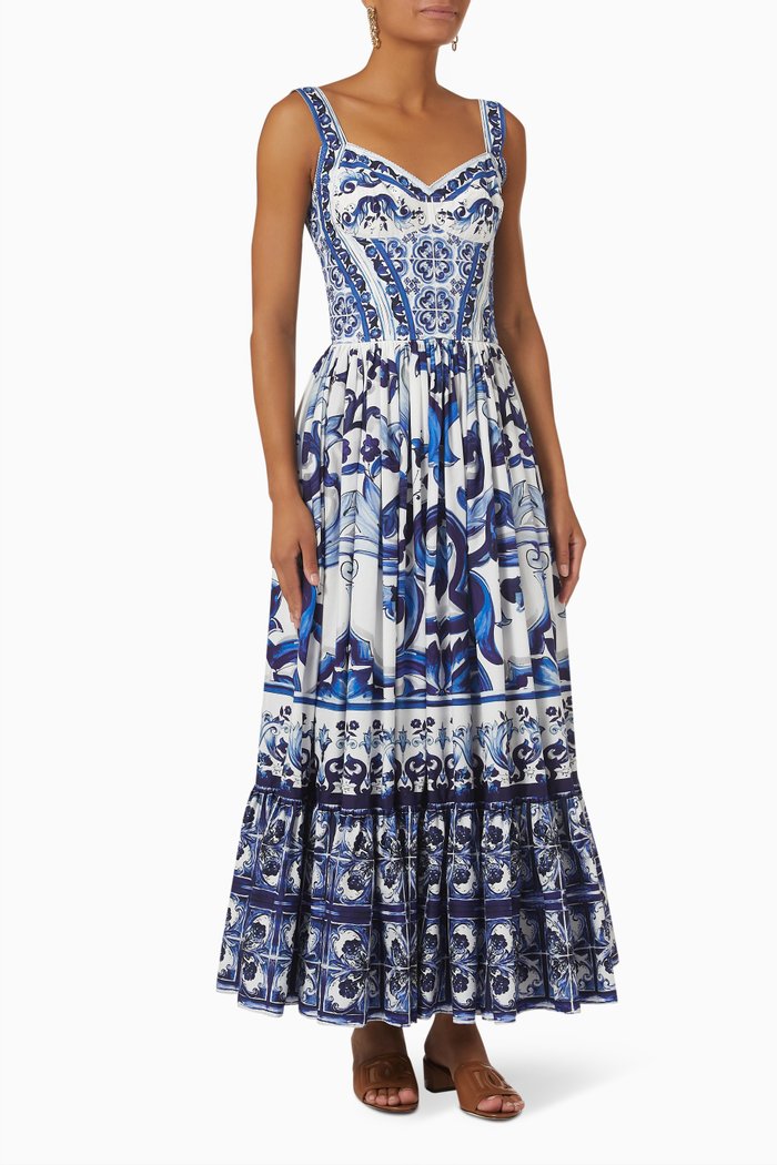 Majolica Print Bustier Dress in Poplin, Blue