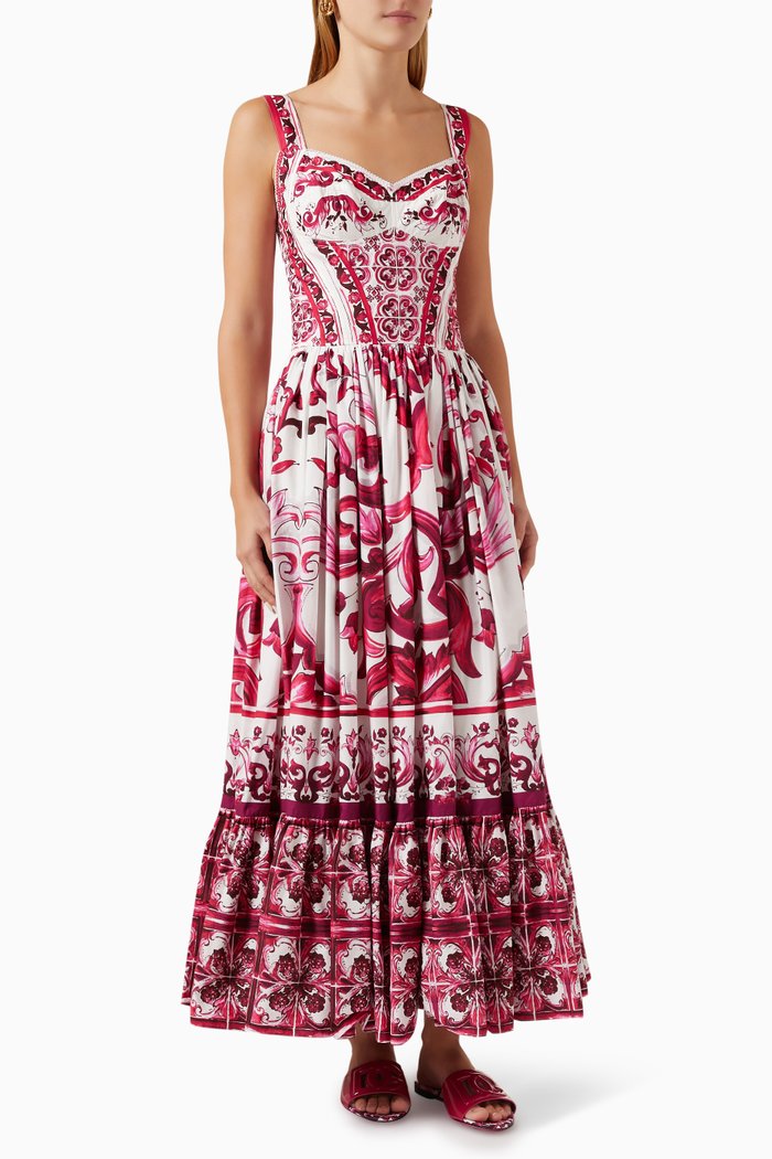 Majolica-print Bustier Maxi Dress in Cotton Poplin, Pink