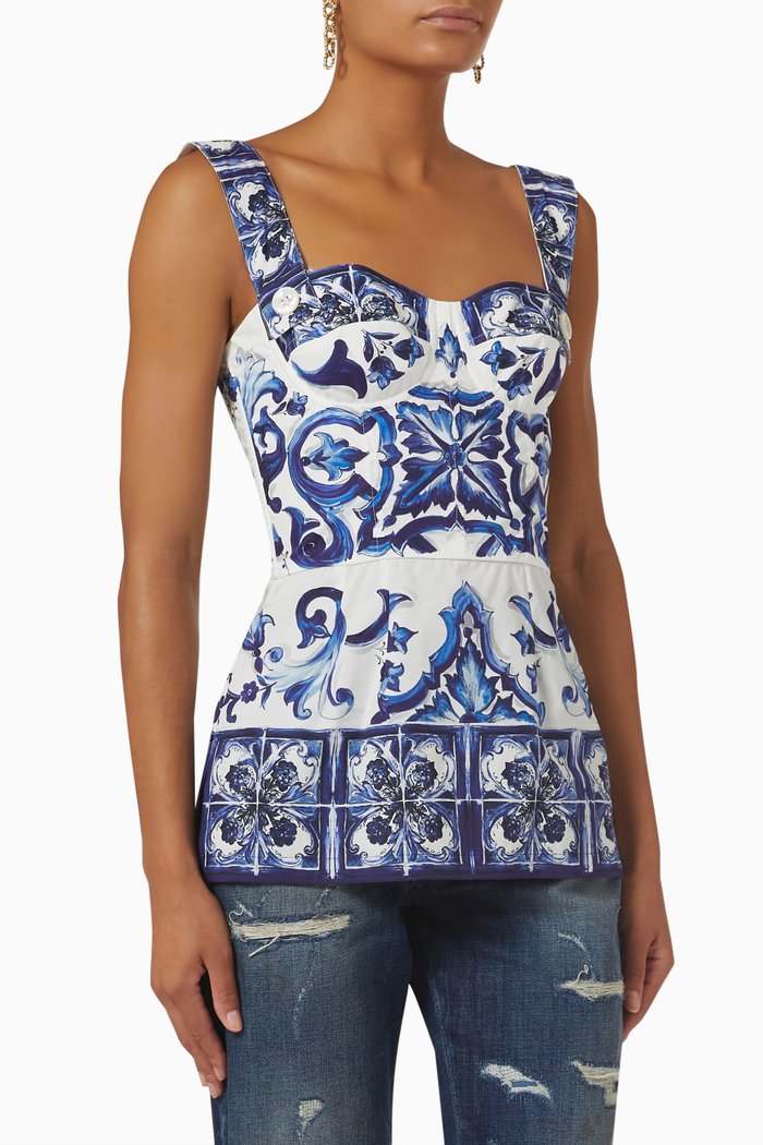 

Majolica Print Peplum Top in Poplin, Blue