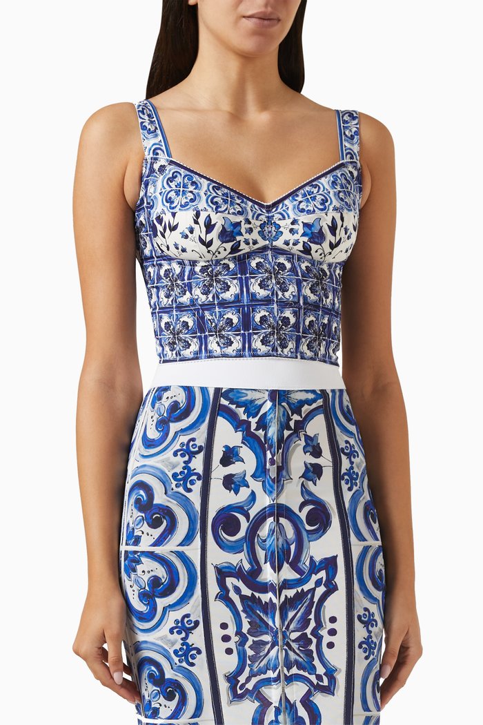 

Majolica-print Bustier Top in Silk, Blue