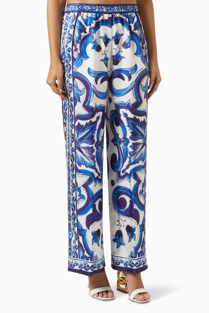 

Majolica-print Wide-leg Pants in Silk-twill, Blue