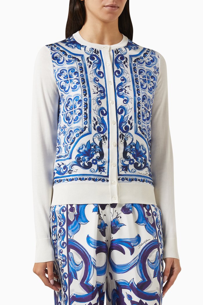 

Majolica-print Cardigan in Silk-twill, Blue