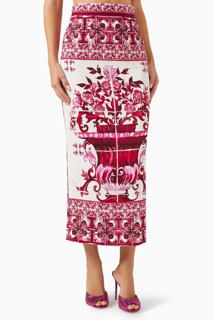 Majolica-print Midi Skirt in Silk-charmeuse, Pink