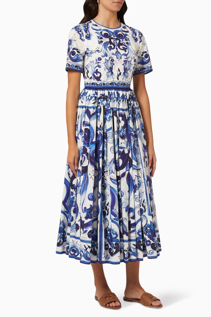 

Majolica Print Midi Dress in Cotton Poplin, Blue