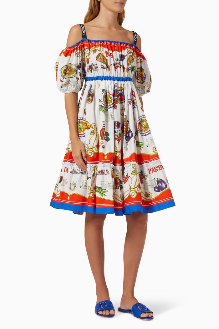 

Pasta Print Midi Dress in Poplin, Red