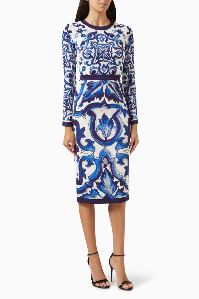 

Majolica-print Midi Dress in Charmeuse, Blue