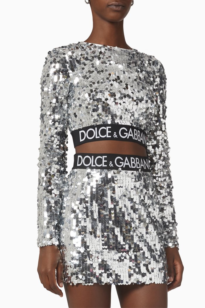 

Sequinned Logo Tape Top in Tulle Mesh, Silver