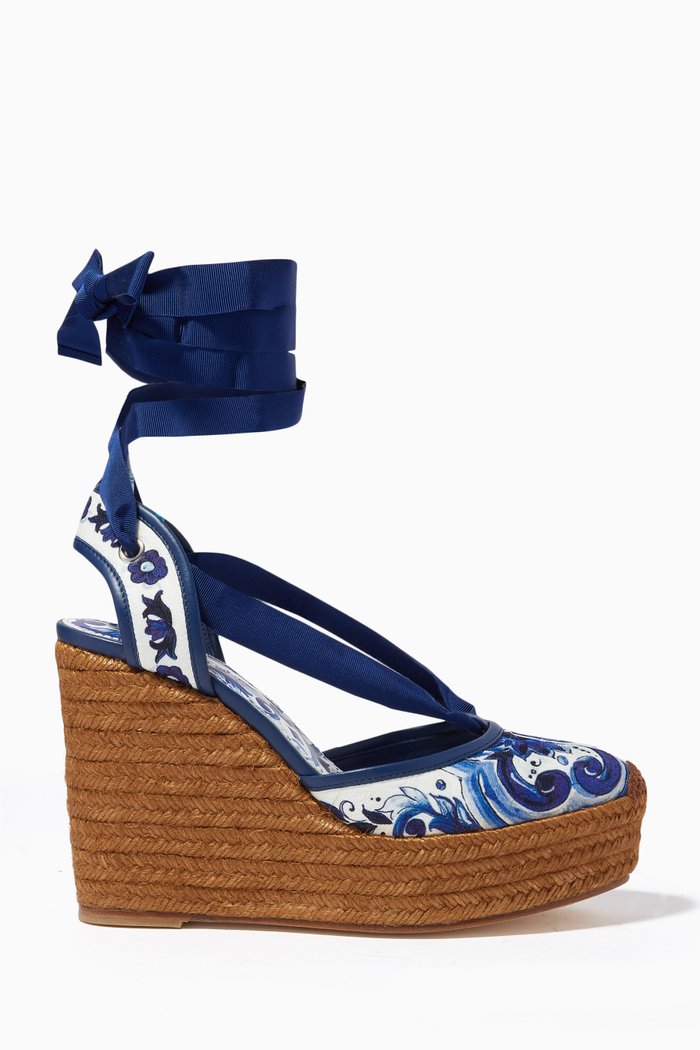 

Majolica Print Wedge Sandals in Brocade Fabric, Blue
