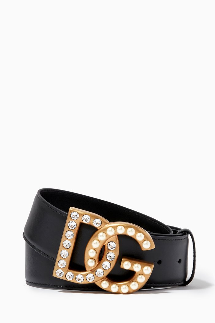 

DG Rhinestones & Pearls Belt in Leather, 40mm, Black