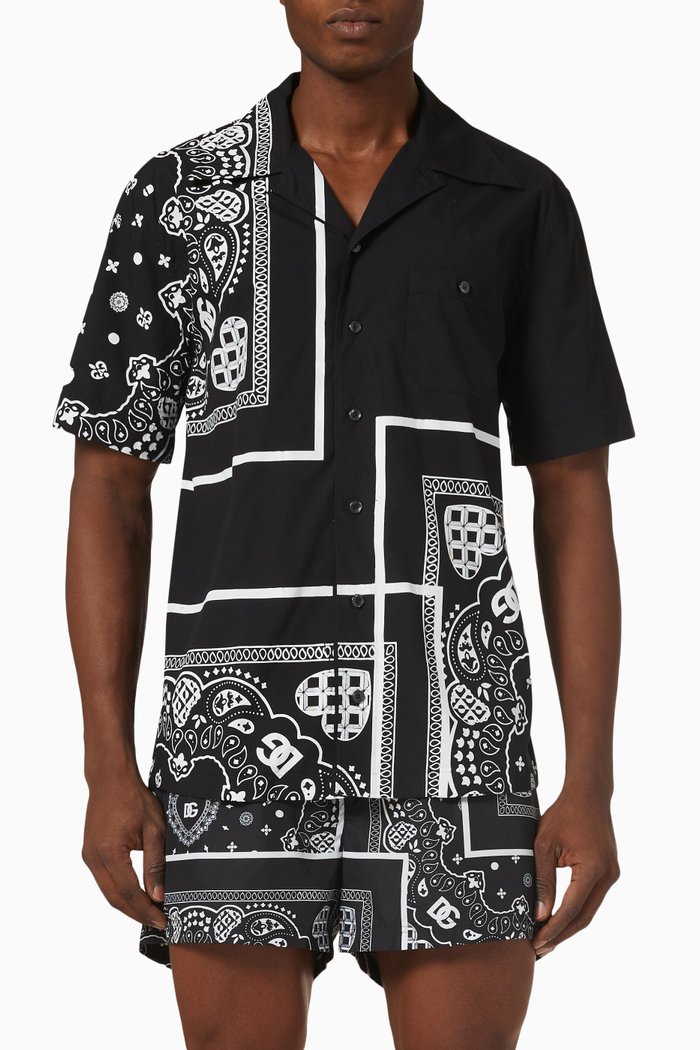 

Hawaiian Shirt in Bandanna-print Cotton, Black