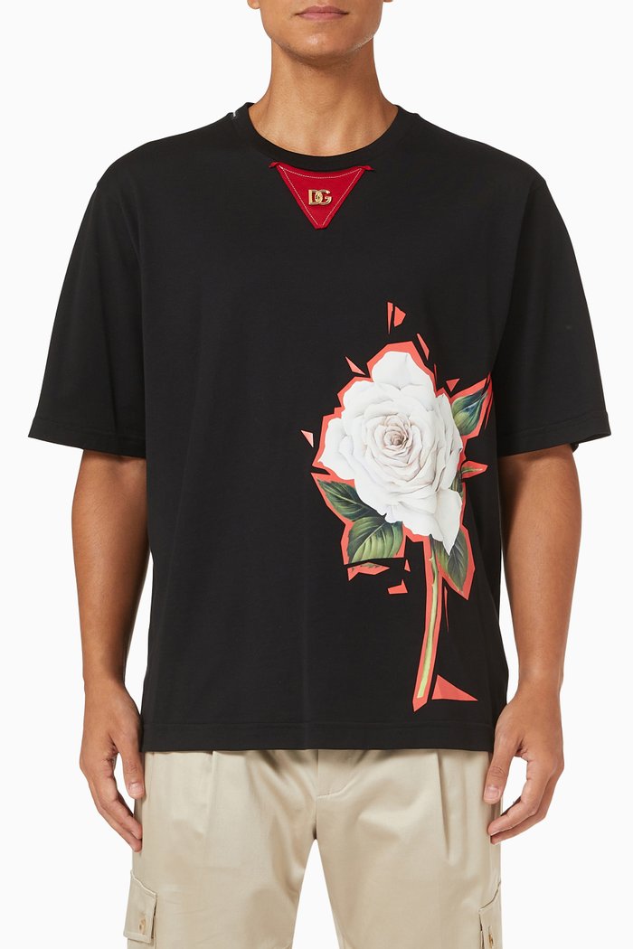 

Floral Printed T-shirt in Cotton Jersey, Black